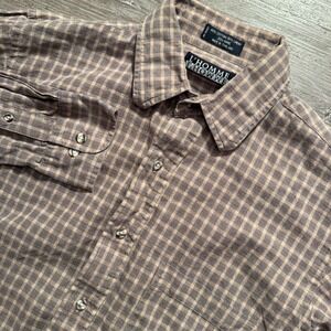 Vintage L'Homme Shirt Men 15 32/33 Brown Check Cotton Linen Ramie Heritage Arrow
